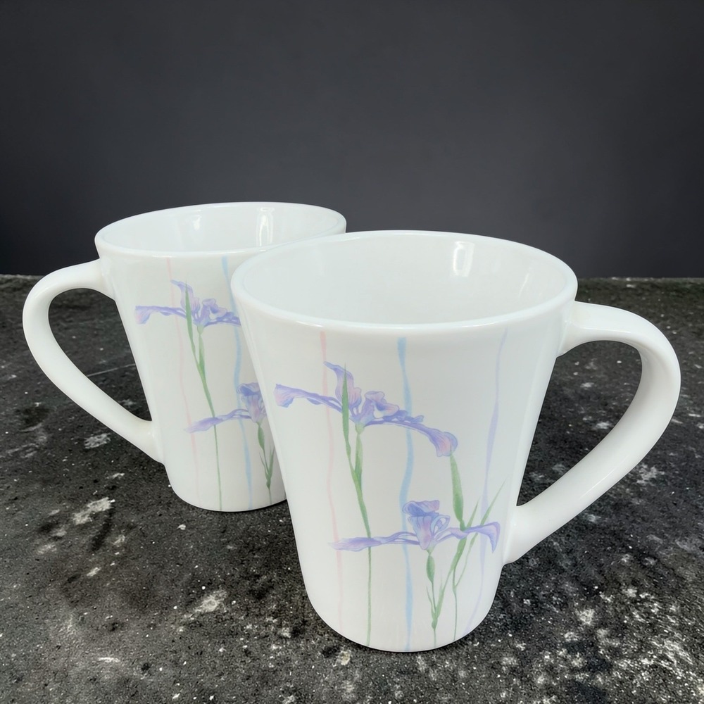 Corelle Coordinates Iris Stoneware Mugs Purple Floral White‎ Tapered Cup Mug Set